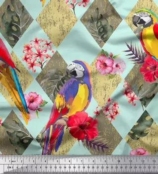 Soimoi Green Poly креповая ткань с цветочным принтом тропических птиц 1 метр 42 дюйма 42 Inch Wide - Poly Crepe зелёный