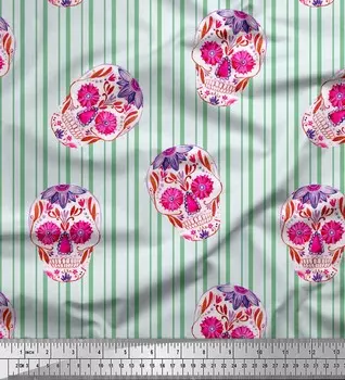 Soimoi Green Япония Креп Атласная Ткань Цветочный Череп & Полосатый Принт Ткань по метру 42 дюйма 42 Inch Wide - Poly Crepe зелёный