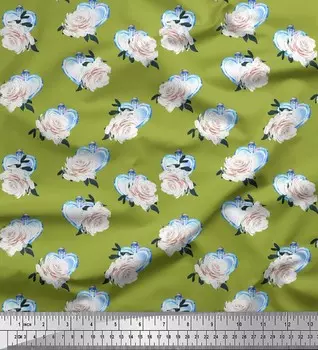 Soimoi Green Япония Креп Атласная Ткань Сердце Бутылка и Роза Цветочный Декор Ткань Печатный метр 42 дюйма 42 Inch Wide - Cotton Voile зелёный