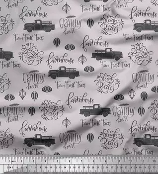 Soimoi Grey Japan Crepe Satin Fabric Cartruck & Farmhouse Text Print Fabric на метр 42 дюйма 42 Inch Wide - Poly Crepe серый