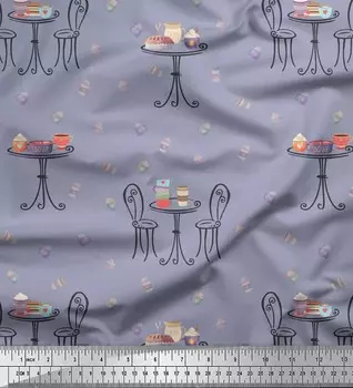 Soimoi Grey Japan Crepe Satin Fabric Chair, Round Table & Cupcakes Party Print Швейная ткань метр 42 дюйма 42 Inch Wide - Poly Crepe серый