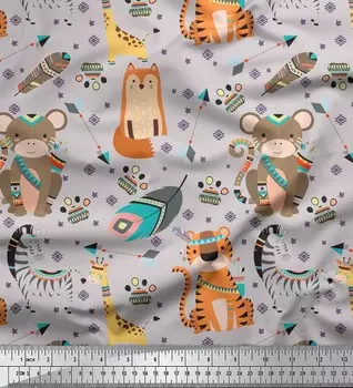 Soimoi Grey Japan Crepe Satin Fabric Feather & Animals Tribal Print Fabric на метр 42 дюйма 42 Inch Wide - Poly Crepe серый