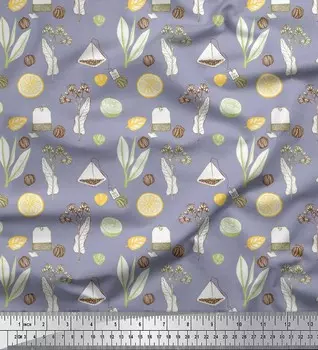 Soimoi Grey Japan Crepe Satin Fabric Tea Bag, Herbs & Lemon Slice Овощной принт Ткань на метр 42 дюйма 42 Inch Wide - Poly Crepe серый
