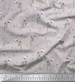Soimoi Grey Japan Crepe Satin Fabric Ткань со стрекозой и цветочным принтом на метр 42 дюйма 42 Inch Wide - Poly Crepe серый