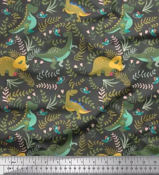 Soimoi Grey Japan Crepe Satin Ткань с принтом динозавров и листьев красного дерева на метр 42 дюйма 42 Inch Wide - Poly Crepe серый