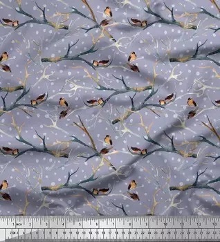Soimoi Japan Crepe Satin Fabric Branch, Dot & Robin Bird Print Швейная ткань метр 42 дюйма 42 Inch Wide - Poly Crepe серый