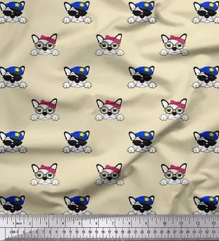 Soimoi Japan Crepe Satin Fabric Cap, Goggles & French Bulldog Face Dog Decor Ткань с принтом метр 42 дюйма 42 Inch Wide - Poly Crepe белый