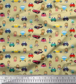 Soimoi Japan Crepe Satin Fabric Cartoon Girl & Car Transport Print Ткань на метр 42 дюйма 42 Inch Wide - Poly Crepe бежевый