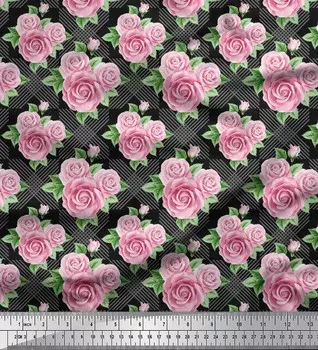Soimoi Japan Crepe Satin Fabric Check, Leaves & Rose Floral Print Fabric на метр 42 дюйма 42 Inch Wide - Poly Crepe синий