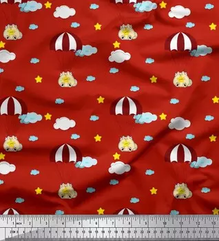 Soimoi Japan Crepe Satin Fabric Cloud, Parachute & Cat Детская декоративная ткань с принтом метр 42 дюйма 42 Inch Wide - Poly Crepe красный