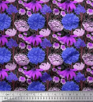 Soimoi Японская креп-сатиновая ткань с георгинами, эхинацеей пурпурной и пионами, ткань с цветочным принтом, 42 дюйма по метрам 42 Inch Wide - Poly Crepe зелёный