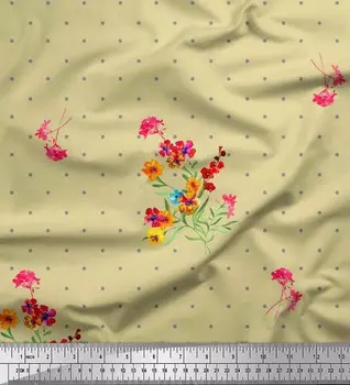 Японская креп-сатиновая ткань Soimoi в горошек, листья и барвинок с цветочным принтом, 42 дюйма по метрам 42 Inch Wide - Poly Crepe синий