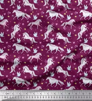 Soimoi Japan Crepe Satin Fabric Dot, Star & Unicorn Animal Print Швейная ткань метр 42 дюйма 42 Inch Wide - Poly Crepe розовый