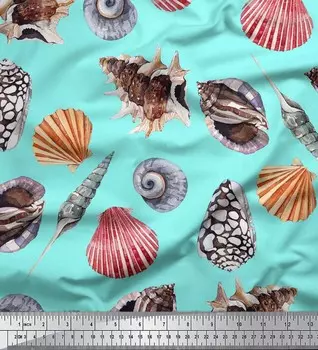 Soimoi Japan Crepe Satin Fabric Красочные ракушки Ткань с принтом океана 1 метр 42 дюйма 42 Inch Wide - Poly Crepe оранжевый