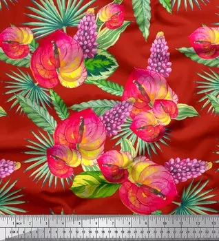 Soimoi Japan Crepe Satin Fabric Leaves, Laceleaf & Lupin Floral Print Fabric на метр 42 дюйма 42 Inch Wide - Poly Crepe красный