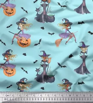 Soimoi Japan Crepe Satin Fabric Magic Potion, Bat & Witch Halloween Print Fabric на метр 42 дюйма 42 Inch Wide - Poly Crepe синий