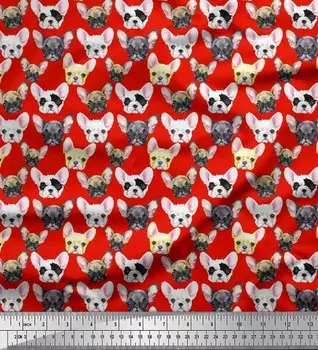 Soimoi Japan Crepe Satin Fabric Puppy Face Dog Print Ткань на метр 42 дюйма 42 Inch Wide - Poly Crepe красный