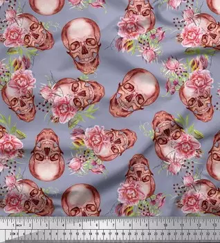 Soimoi Japan Crepe Satin Fabric Skull & Begonia Цветочный декор Ткань с принтом метр 42 дюйма 42 Inch Wide - Poly Crepe серый