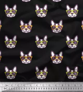Soimoi Japan Crepe Satin Fabric Specs & Boston Terrier Face Dog Printed Fabric 1 метр 42 дюйма 42 Inch Wide - Poly Crepe синий
