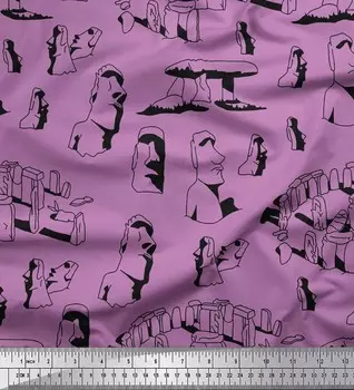 Soimoi Japan Crepe Satin Fabric Статуя острова Пасхи Ткань с принтом лица 1 метр 42 дюйма 42 Inch Wide - Poly Crepe фиолетовый