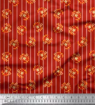 Soimoi Japan Crepe Satin Fabric Stripe.Fire Ring & Lion Cartoon Print Fabric на метр 42 дюйма 42 Inch Wide - Poly Crepe красный