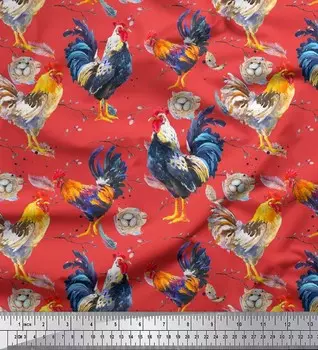 Soimoi Japan Crepe Satin Fabric Ткань с принтом яиц, гнезд и куриц на метр 42 дюйма 42 Inch Wide - Poly Crepe оранжевый