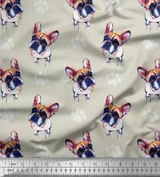 Soimoi Japan Crepe Satin Fabric Ткань с принтом собаки Бостон-терьер на метр 42 дюйма 42 Inch Wide - Poly Crepe бежевый