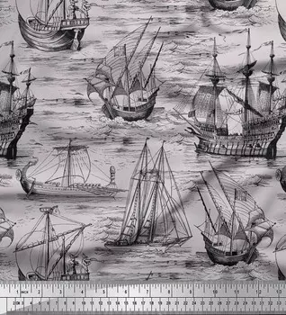 Soimoi Japan Crepe Satin Fabric Waves & Ship Ocean Print Ткань на метр 42 дюйма 42 Inch Wide - Poly Crepe светло-серый