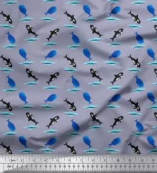 Soimoi Japan Crepe Satin Fabric Waves, Whale & Dolphin Ocean Decor Ткань с принтом метр 42 дюйма 42 Inch Wide - Poly Crepe серый