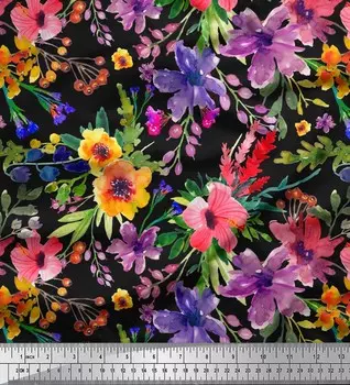 Soimoi Japan Crepe Satin Ткань Цветы и листья Акварельный декор Ткань Печатный метр 42 дюйма 42 Inch Wide - Poly Crepe фиолетовый