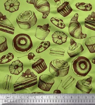 Soimoi Japan Crepe Satin Ткань для кексов, пончиков и печенья с пищевым принтом 1 метр 42 дюйма 42 Inch Wide - Poly Crepe зелёный