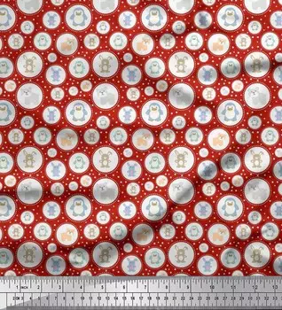 Soimoi Japan Crepe Satin Ткань для рукоделия с принтом звезд и милых животных для детей на метр 42 дюйма 42 Inch Wide - Poly Crepe красный