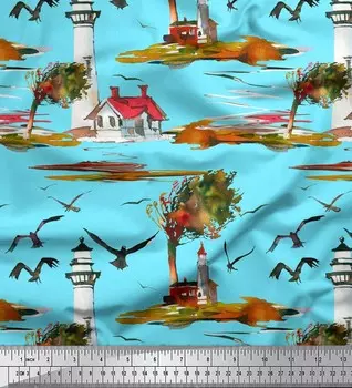 Soimoi Japan Crepe Satin Ткань для рукоделия Маяк, птица и дерево с принтом природы на метр 42 дюйма 42 Inch Wide - Poly Crepe синий