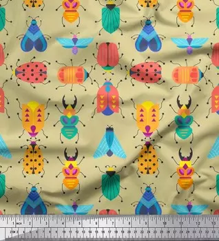 Soimoi Japan Crepe Satin Ткань для рукоделия с насекомыми Клип Арт Печатная ткань для рукоделия на метр 42 дюйма 42 Inch Wide - Poly Crepe бежевый