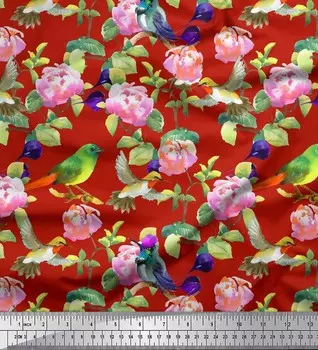 Soimoi Japan Crepe Satin Ткань для рукоделия с принтом листьев, цветов и колибри с изображением птиц на метр 42 дюйма 42 Inch Wide - Poly Crepe розовый