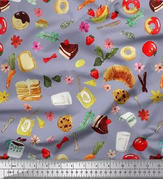 Soimoi Japan Crepe Satin Ткань Фрукты, хлеб и пончики Еда Декор Ткань Печатный метр 42 дюйма 42 Inch Wide - Poly Crepe серый