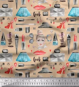 Soimoi Japan Crepe Satin Ткань Губная помада, флакон духов и платье Модный принт Швейная ткань метр 42 дюйма 42 Inch Wide - Poly Crepe бежевый