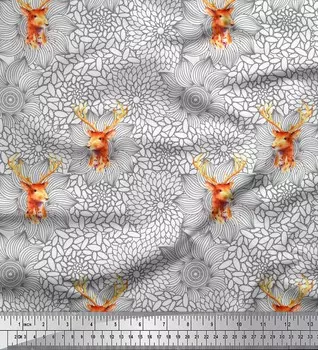 Soimoi Japan Crepe Satin Ткань Художественный цветок и лицо оленя Животное Декор Ткань Печатный метр 42 дюйма 42 Inch Wide - Poly Crepe красный