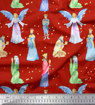 Soimoi Japan Crepe Satin Ткань King & Angel Акварельный принт Швейная ткань метр 42 дюйма 42 Inch Wide - Poly Crepe красный