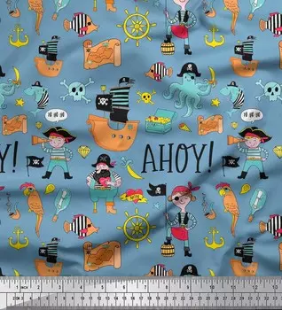 Soimoi Japan Crepe Satin Ткань Корабль Колесо, Пиратский Мальчик и Медуза Океан Печатная Ткань 1 метр 42 Дюйма 42 Inch Wide - Poly Crepe синий