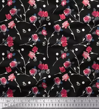 Soimoi Japan Crepe Satin Ткань Листья | Ткань с цветочным принтом Роза на метр 42 дюйма 42 Inch Wide - Poly Crepe розовый