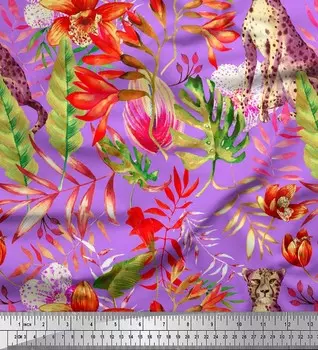 Soimoi Japan Crepe Satin Ткань Листья, Нарцисс и Леопардовый принт Ткань с принтом джунглей на метр 42 дюйма 42 Inch Wide - Poly Crepe фиолетовый
