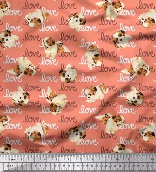 Soimoi Japan Crepe Satin Ткань Love Text & Puppies Dog Decor Ткань с принтом метр 42 дюйма 42 Inch Wide - Poly Crepe синий