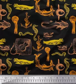 Soimoi Japan Crepe Satin Ткань Морж, якорный крючок & Ray Fish Ocean Print Швейная ткань метр 42 дюйма 42 Inch Wide - Poly Crepe зелёный