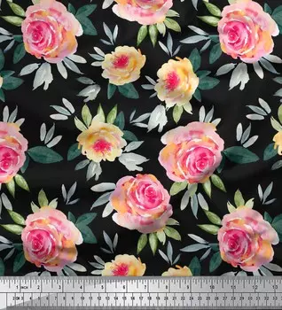 Soimoi Japan Crepe Satin Ткань с акварельным принтом листьев и роз 1 метр 42 дюйма 42 Inch Wide - Poly Crepe чёрный