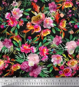 Soimoi Japan Crepe Satin Ткань с акварельным принтом листьев и пиона на метр 42 дюйма 42 Inch Wide - Poly Crepe чёрный