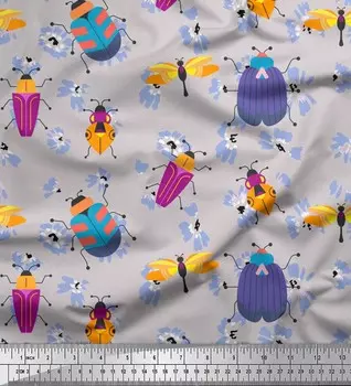 Soimoi Japan Crepe Satin Ткань с цветочным принтом и насекомыми Клип-арт Ткань с принтом на метр 42 дюйма 42 Inch Wide - Poly Crepe жёлтый