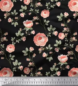 Soimoi Japan Crepe Satin Ткань с цветочным принтом листьев и камелий 1 метр 42 дюйма 42 Inch Wide - Poly Crepe серый