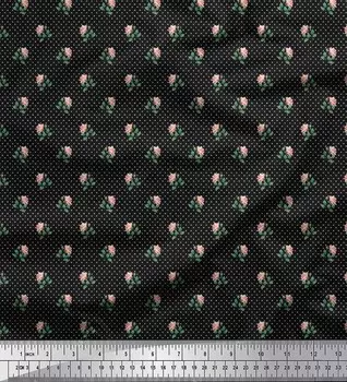 Soimoi Japan Crepe Satin Ткань с цветочным принтом в горошек, листья и розы на метр 42 дюйма 42 Inch Wide - Poly Crepe розовый