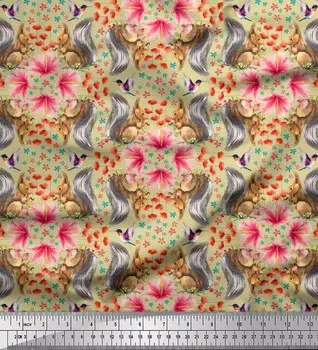 Soimoi Japan Crepe Satin Ткань с цветочным принтом, колибри и белкой с животным принтом на метр 42 дюйма 42 Inch Wide - Poly Crepe светло-серый